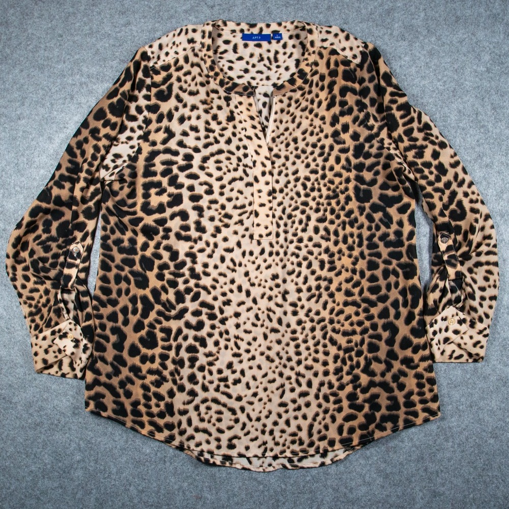 Apt 9 Leopard Print Split Neck Blouse Large Long Roll Tab Sleeve Animal Pattern